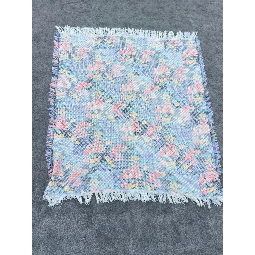 Sugar Grove Weavers Pastel Floral Woven Throw Blanket Fringed Tapestry 47x57 USA